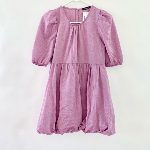 NWT Boohoo Puffball High Waist Mini Smock Dress Petite Purple 0 - Picture 2 of 12